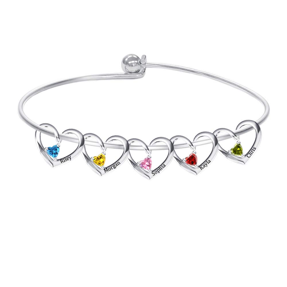 Personalized Name & Birthstone Bangle Bracelets for Women, Custom Engraved 1-5 Heart Charms Mothers Bracelet Customized Jewelry Gifts for Mom Wife Grandma