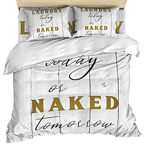 Anzona Laundry Today or Naked Tomorrow Duvet Cover Twin Size - 4 Pieces Duvet Cover Set, Daily Routine Wood Board Bedding Comforter Cover Zipper Closure, 1 Duvet Cover 1 Fitted Sheet 2 Pillow Shams