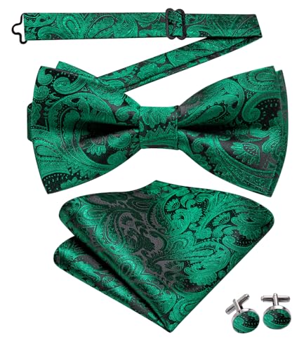 Image of Hi-Tie 5Pcs Mens Solid Color Silk Tie Satin Pretied Bowtie Lapel Pin for Men Handkerchief Cufflink Wedding Gift Box