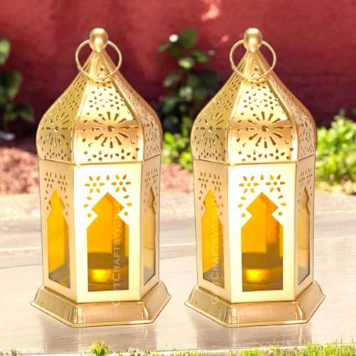 Image of Moroccan Lanterns & Candle Holders for Home Decor - Unique Diwali & Christmas Gifts (Yellow, Set of 2)