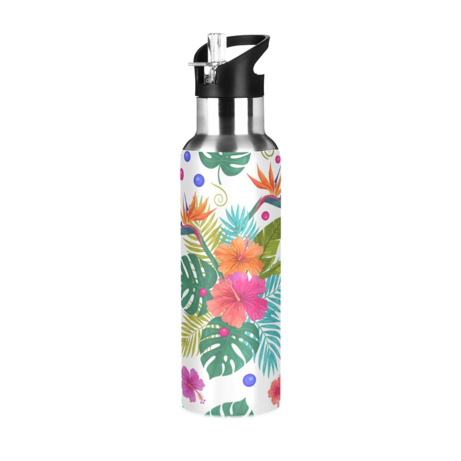 BOESI Bird Of Paradise Hibiscus Pattern Insulated Water Bottle 600ml, Stainless Steel Vacuum Sports Bottle with Straw, Leak Proof Thermal Bottle for Gym Travel Outdoor