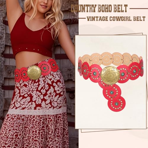 Image of XZQTIVE Western PU Leather Belts for Woman Concho Cowgirl Cowboy Disc Belt for Ladies Wide Boho Country Waist Belts for Dress
