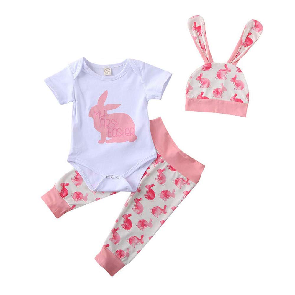 GUMEMOMy First Easter Outfit Clothes Set Infant Baby Girl Boy Bunny Romper Top Rabbit Pants Set with Hat