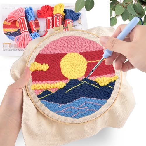 Image of ERKOON Punch Needle Kit Adults Beginners, 2 Pcs DIY Easy Landscape Embroidery Set for Starter Art Craft, Needling Punching Project with Patterns, Tools, Yarns, Hoop, Instruction (Desert & Afterglow)