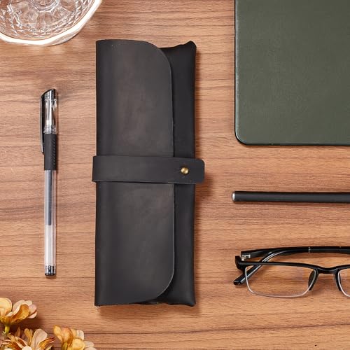 GORGECRAFT Retro Black Crazy Horse Leather Pencil Case Genuine Leather Snap Cover Pen Cases Large Capacity Leather Pencil Pouch Vintage Holders for Pen Pencils Men Women Glasses Sunglasses - Image 4