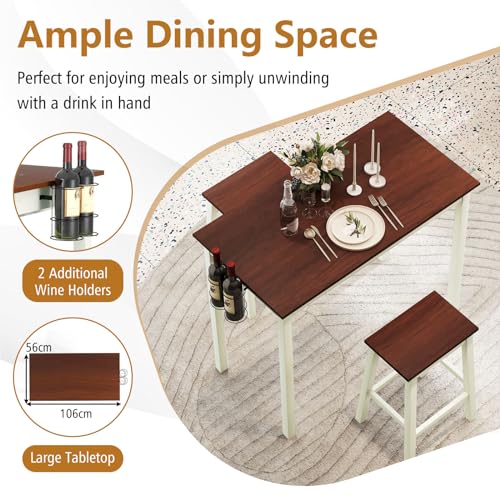 TANGZON 3-Piece Dining Table Set, Wooden Kitchen Table and 2 Stools with Wine Holders, Footrest & Non-Slip Footpads, Space Saving Breakfast Bar Table Chairs Set (Flat Seat, with Wine Holder) - Image 3