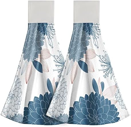 Mweet Blue Dahlia Kitchen Hand Towel Set of 2,Art Floral Abstract Flower Chrysanthemum Tie Towel Loop Soft Coral Fleece Bar Dish Cloth for Bathroom Farmhouse Decor Housewarming Gift