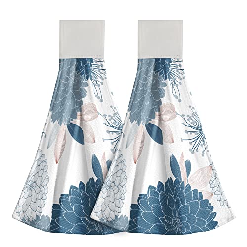 Mweet Blue Dahlia Kitchen Hand Towel Set Of 2,Art Floral Abstract Flower Chrysanthemum Tie Towel Loop Soft Coral Fleece Bar Dish Cloth For Bathroom Farmhouse Decor Housewarming Gift #TOP3