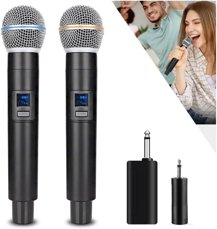 2.4G trådløs mikrofon, doble mikrofoner for karaoke, trådløs dynamisk mikrofon med oppladbar mottaker, plugg og spill, egnet for tale, bryllup, kirke, PA-system (W58-2.4G)