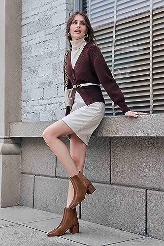 Coutgo Womens Pointed Toe Ankle Boots Elastic Chunky Block Stacked Mid Heel Slip On Chelsea Booties3