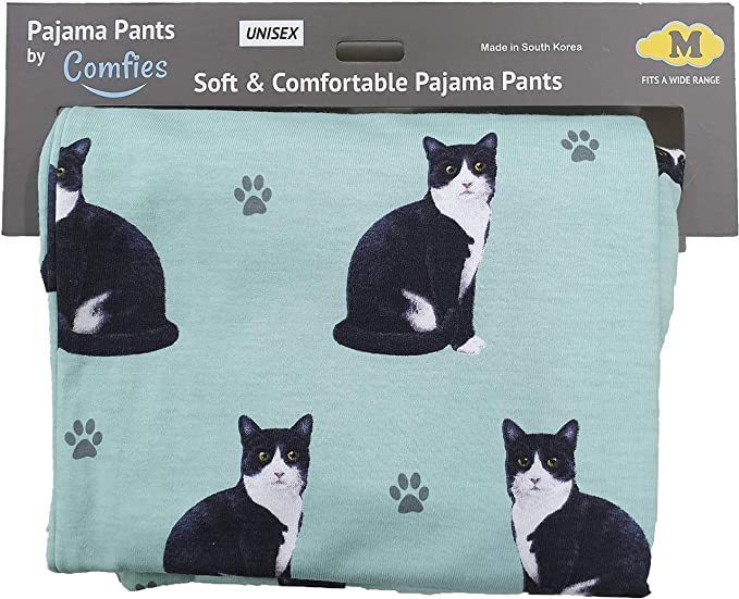 E&S Imports Unisex Cat Lounge Pants, Green Pajama Bottoms with Black and White Tuxedo Cat and Paw Prints2