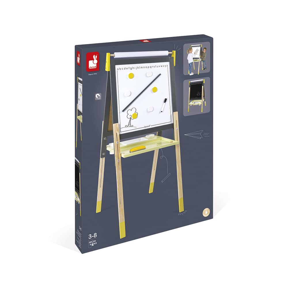 Janod - Tableau Double Face en Bois Gris et Jaune - Face Noire et Face Blanche Magnétique -Tableau Réglable en Hauteur - Avec Rouleau Papier Dessin - Nombreux Accessoires - Dès 3 Ans, J09630