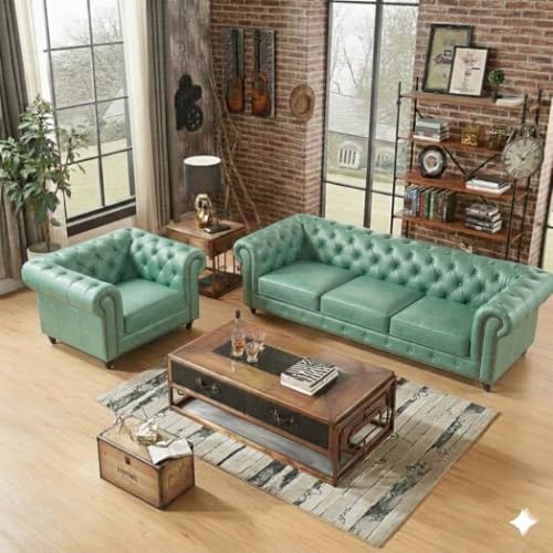 Image of Classic Leatherette Chester Sofa Set Button Tufted, Classic Style Sofa Set for Living Room, Office, and Hallway Colour (Mint Green Leatherette, 3+1=4 Seater Sofa)