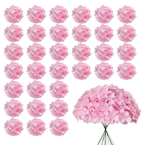 Cherica 30 Pcs Hydrangea Artificial Flowers Pink Hydrangea Artificial Flowers Bulk Faux Hydrangea Flowers for Outdoor Fake Silk Ivory Hydrangea Flowers with Stems for Wedding Decoration Decor