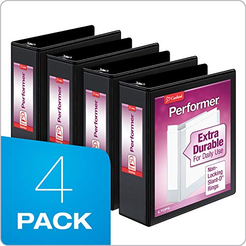 Cardinal Performer 3-Ring Binders, 3", Non-Locking Slant-D Rings, 725-Sheet Capacity, Clearvue Presentation, Non-Stick, Pvc-Free, Black, 4-Pack (27601) #TOP5