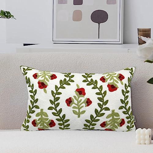 Alysheer Funda de cojín Decorativa de Verano Bordada Floral de 12 x 20 Pulgadas, Funda de cojín de Lona de algodón con Estampado de Flores Rojas y Hojas Verdes, para sofá, Cama, Sala de Estar