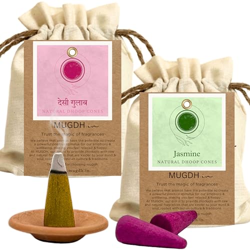 Image of Mugdh Natural Incense Cones Combo - Rose & Jasmine | Bambooless, Low Smoke, Charcoal Free Dhoop Cones | 80 Organic dhoop batti | Free Cotton Potli & Dhoop Stand | Home Fragrance, Pooja & Meditation