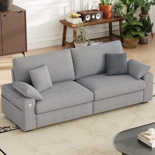 Image of MALOL 89 inch Loveseat Couch, 3 Seater Upholstered Mid-Century Mondern Love Seat with USB Type C Ports, 4 Pillows and Storage Armrest Cloud Foam Sofa for Living Room /Small Spaces, Grey