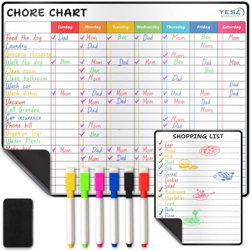 Magnetic Dry Erase Chore Chart for Fridge - 36 x 29 cm - Whiteboard Organiser with Shopping List 6 Colourful Markers & Eraser - Refrigerator White Board for Family Tasks & Schedules - by Yes4Quality