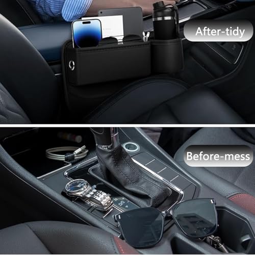 Diyxisk Mittelkonsole Organizer Auto, 30x20x2.5cm Auto Organizer Mittelkonsole, Schwarz Autotasche, Autositz Konsole Seitentaschen, mit Löchern, für Kleinigkeiten, Handys (Hauptfahrersitz)