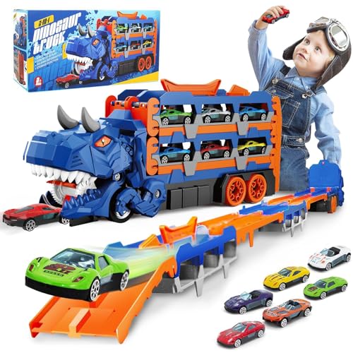 Caminhão Dinossauro Transportador T-Rex, Brinquedo 3 em 1 Interativo que Engole Carrinhos, com Pista Dupla de 145 cm e 6 Carrinhos Inclusos, Vira Maleta, Presente para no Dia das Crianças (Azul)