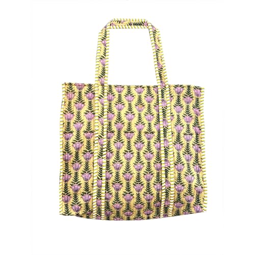 Image of Quilted Cotton Handprinted Reversible Large multicolor Floral Tote Bag,Hand Block Print Shopping Shoulder Carry Bag