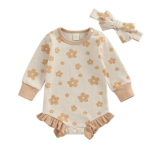 Image of MERSARIPHY Infant Baby Girl Romper Baby Sweatshirt Romper Long Sleeve Waffle Floral Bodysuit with Headband Fall Winter Outfit