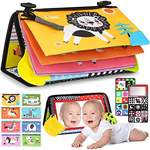 Tummy Time Mirror Baby Toys with Cloth Book and Teethers,Montessori Newborn Infant Sensory Crawling Toys,High Contrast Black and White Baby Toys for Boys Girls 0 3 6 9 12 Months