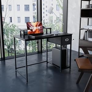 Pamray 39 Inch Computer Desk with Monitor Stand Small Home Office Desks with Non-Woven Storage Drawer for Bedroom Study Table Writing and Work Desk Black Pamray 39 Inch Computer Desk with Monitor Stand Small Home Office Desks with Non Woven Storage Drawer for Bedroom Study Table Writing and Work Desk Black