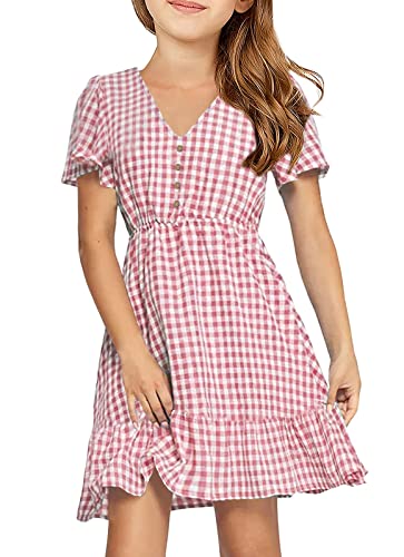 UMEKO Girls Polka Dot Print Midi Dress Button Down V Neck Short Sleeve Ruffle Casual Dresses