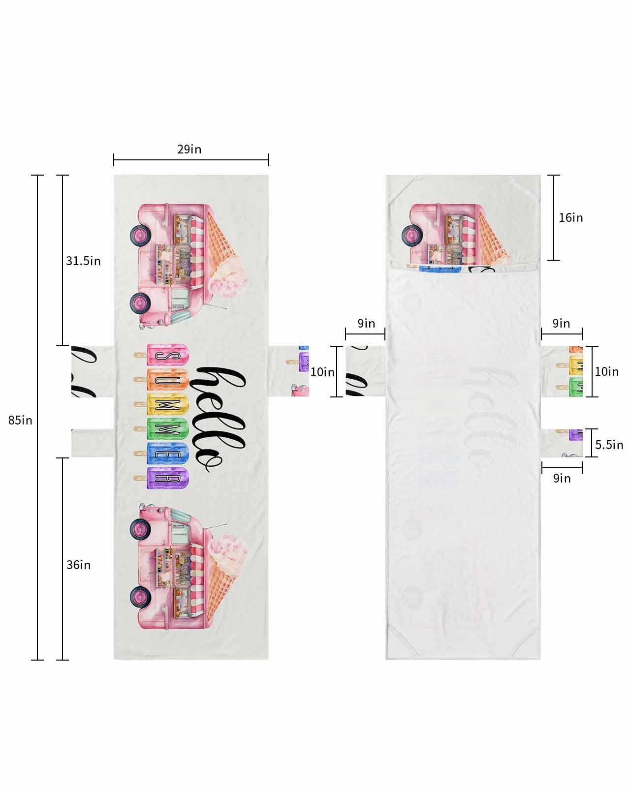Hello Summer Beach Lounge Chair Towel Cover, Soft Chaise Lounge Towel with Side Pockets Patio Pool Chairs Cover for Beach/Pool Sunbathing 29x85 Pink Ice Cream Truck Watercolor