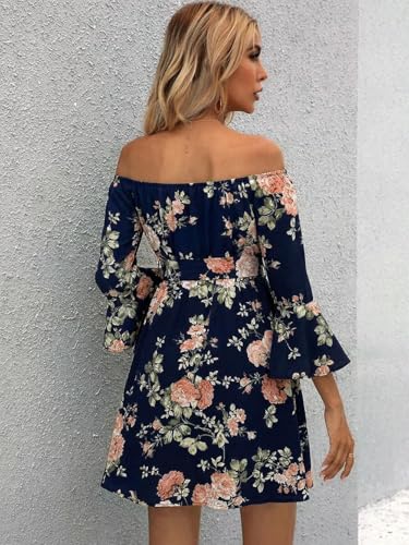 Image of Off Shoulder Ruffle Dress for Women, A-Line Mini Dress with Belt, Fitted Bust Summer Wedding Guest Dress