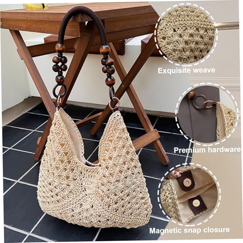 Bolso de Playa Tejido Boho con Asa de Cuentas para Mujer miniatura 5