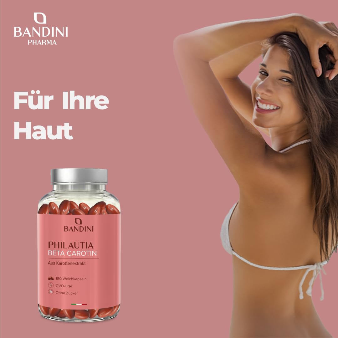 Bandini® Beta Carotin 180 Softgels | Beta-Carotin Bräunungskapseln | aus natürlichem Karottenextrakt | Vitamin A Hochdosiert für einen strahlenden Teint | Sehkraft, Haut & Immunsystem | 90 Tage