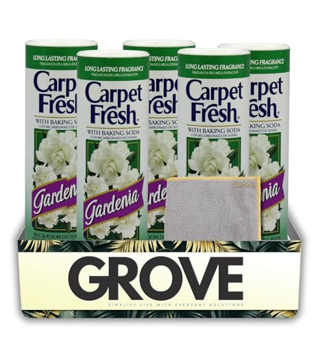 5x Carpet Fresh Gardenia Scent Carpet Odor Eliminator 14 oz Powder Bundle with Microfiber Cleaning Cloth – Eliminates Pet Odors, Provides Long-Lasting Freshness – Gift Set (6 Items)