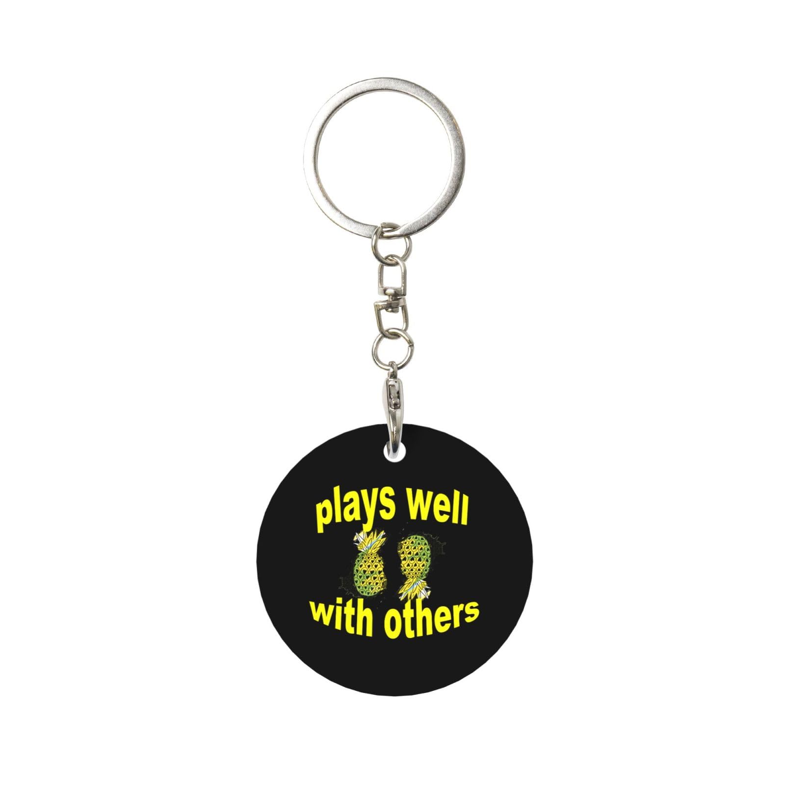 Lnfzizo Men's White Upside Down Pineapple Play Well With Others Funny Swinger Round Metal Key Chain, Key Fob Car Keychain Holder Gifts Decor For And Wo Home Office