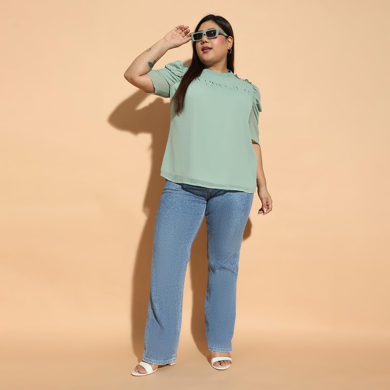 Image of oxolloxo Women Plus Size Round Neck Short Sleeve with Gather Pleates Ruffle Detail Top