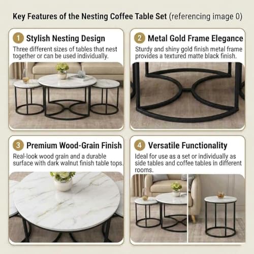 Image of 3 Piece Living Room Table Set, 1 Center Table and 2 End Nesting Tables NO-Tools Assembly Round Stacking Coffee Side Tables for Small Spaces, Nightstand Bedside Table White and Black