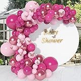 Onemere Pink Balloon Garland 145 Pcs, Baby Shower Decorations for Girl with 12 Pcs Butterfly Stickers Hot Pink Rose Red Metallic Balloon Arch Kit for Birthday Party Bridal Shower