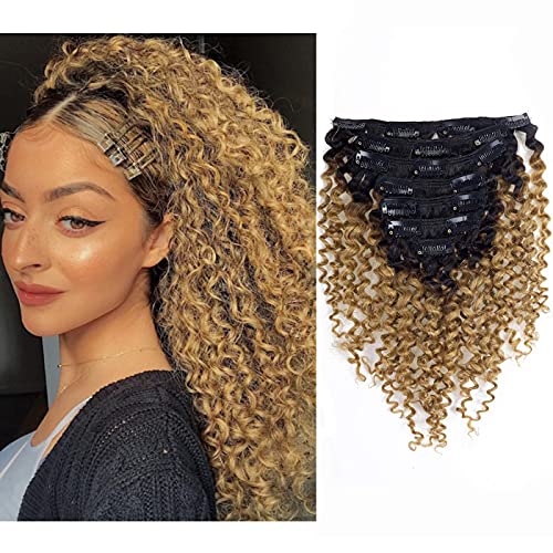 Loxxy Clip in Human Hair Extensions for Women Natural color #1B/27 Real Remy Human Hair Extensions with Double Weft 22inch Jerry Curly 120g/set 7Pcs/lot And 17 Clips Per Pack