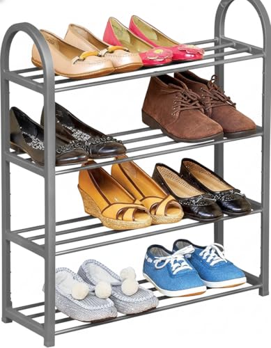 Image of Premium 4-Tier Metal Shoe Rack Organizer | Elegant Space-Saving Shoe Stand for Home & Entryway | Heavy-Duty Steel | Stores 8-12 Pairs (Grey, 4)