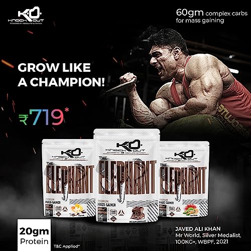 Image of Knockout by Absolute Nutrition Elephant Mass Gainer with Creatine Monohydrate, HMB & Vitamins, Minerals,60g Complex Carbs & 20g Protein per serving (American Ice Cream, Pack of 1 Kg)