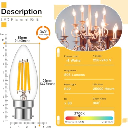 Image of Vintage 4 Watt LED Filament Candle Bulb,Clear Glass Edison Style,B22 Holder Base Warm White Light, Energy Saving Candle Bulb for Pendant & Wall Lamps(PACK OF 1)