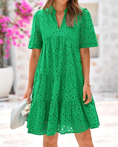 Image of BTFBM Womens Boho Summer Dresses 2026 Spring V Neck Short Sleeve Hollow Out Lace Ruffle Casual Beach Mini Vacation Dress