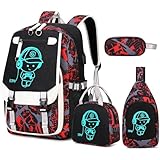 Bevalsa Backpack for Boys, Cool Luminous Boys Backpack with Sling Bag, Lunch Box & Pen Case, School Bags for Kids Children Teens Elementary Middle Schools, Bookbag Glow In The Dark (Red)