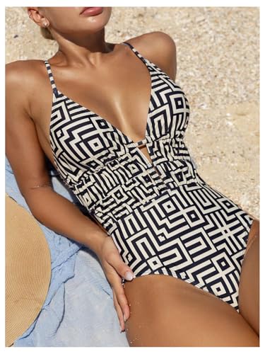 Floerns Women's One Piece Swimsuit Geo Print Criss Cross Tie Back Tummy Control Beachwear2