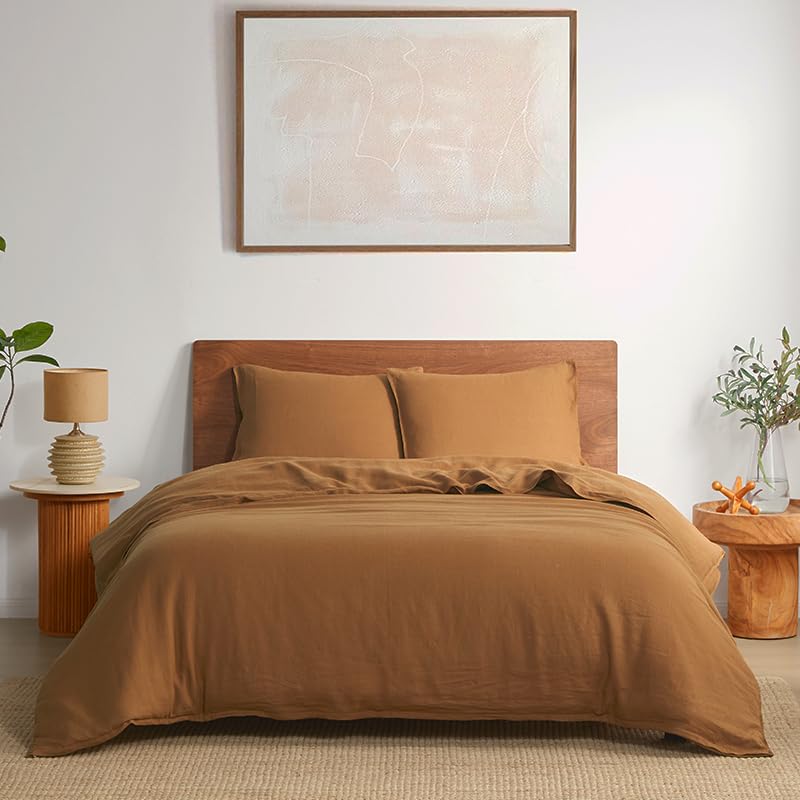 DAPU 100% Linen Duvet Cover Set - Pure Natural French Flax Linen with 8 Corner Ties and Zipper Closure Soft Breathable Durable for Hot Sleepers 1 Duvet Cover 2 Pillowcases (Earthy Linen, Queen)