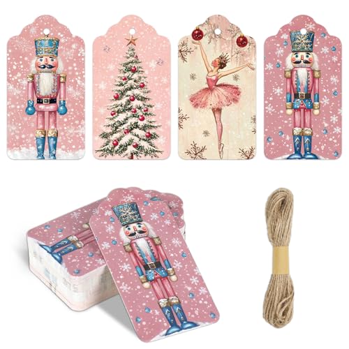 Étiquettes de Noël en papier rose avec corde pour suspension sapin de fête