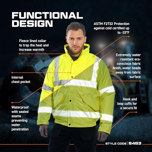 Image of Portwest US463 Men's Waterproof Hi Vis Bomber Jacket - Winter Safety Jacket with Reflective Tape, Pockets and Hood Yellow, XX-Large