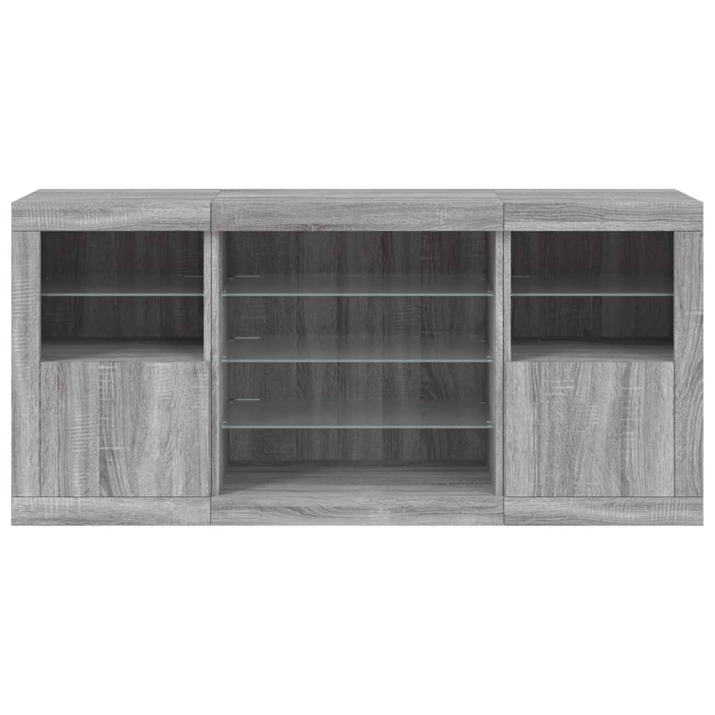 3209091 Credenza con Luci LED Grigio Sonoma 142,5x37x67 cm Credenza Moderna a Anta con Luci LED e Mensole in Vetro,Mobile Multiuso in Legno con Finitura Lucida
